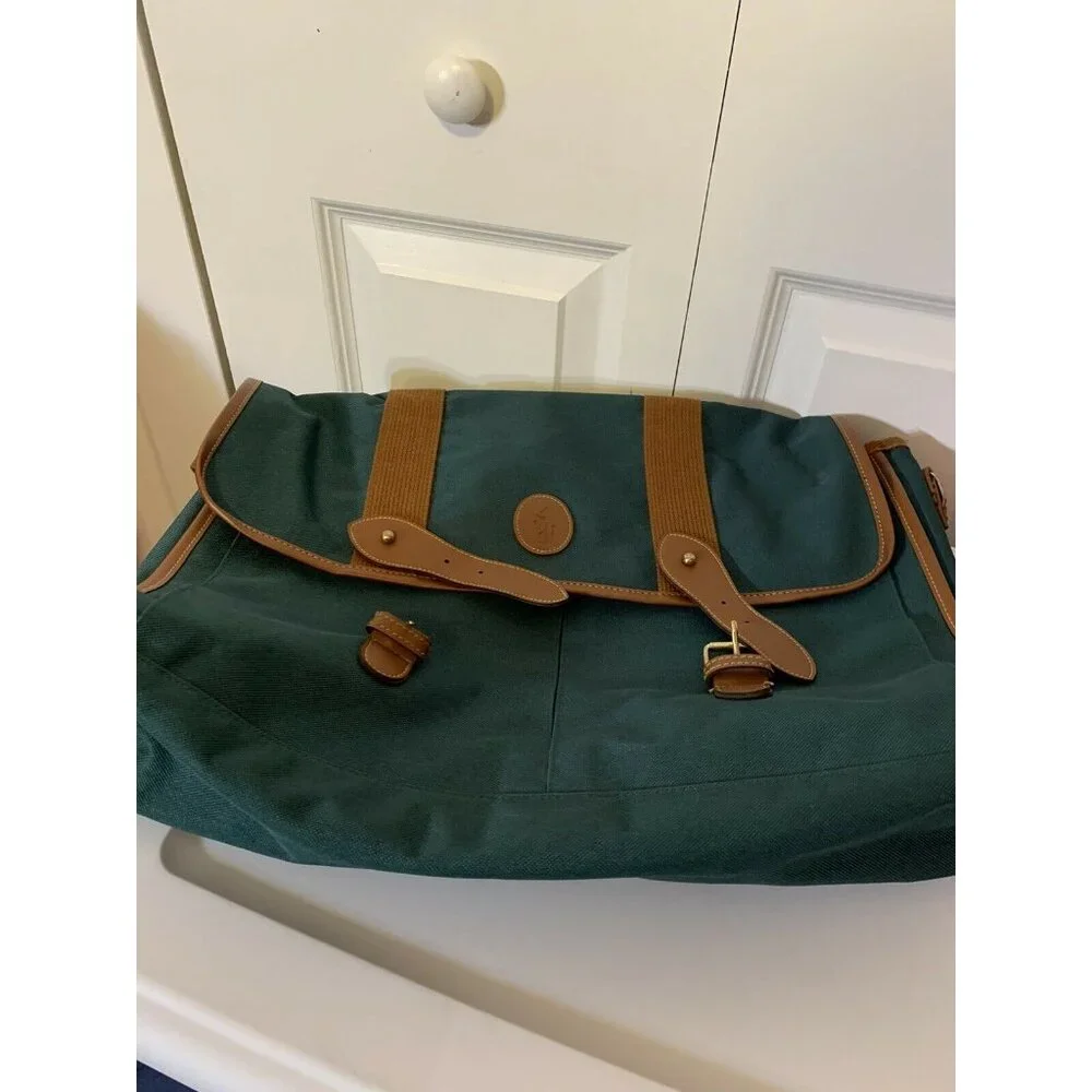 VTG Polo Ralph Lauren Canvas Courier Bag Green‎ Leather Trim Shoulder Crossbody